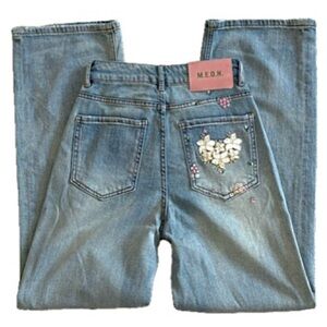 Wide Leg Baggy Lyocell Denim Jeans Womens 25 Floral Applique High Rise Stretch